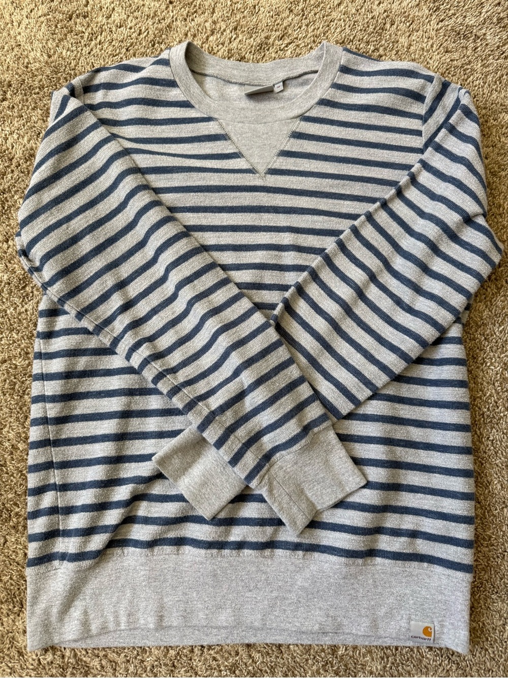 Carhartt Women’s Gray Crewneck Sweater with Navy Stripes